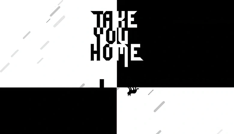 A black and white scene divided into quadrants with a cat silhouette walking upside down and a black rectangle upright.