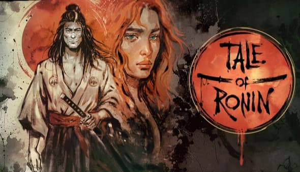 Tale of Ronin: stern male samurai with topknot and swords beside red-haired woman, ink-wash background with red sun.