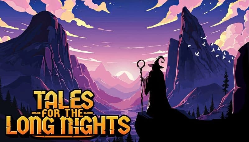Tales for the Long Nights: A cloaked figure stands on a cliff at sunset, holding a staff, surrounded by towering mountains and birds.