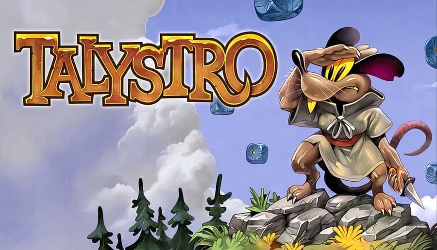 Talystro: A mouse adventurer stands on rocks with floating dice in a colorful meadow, shielding eyes from the sun.