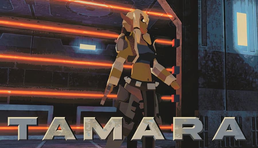 Tamara: White-haired elf woman with pointed ears looks up anxiously in a dark metallic corridor with pipes.