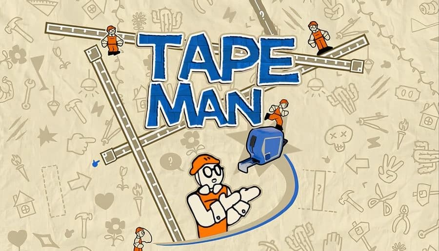 Tape Man: cartoon man in orange cap and glasses beside blue tape dispenser on doodle-filled beige background.