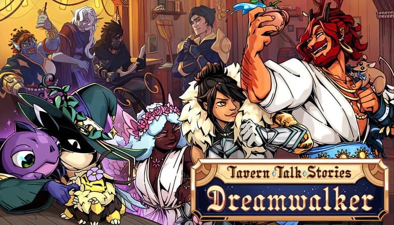 Tavern Talk Stories: Diverse adventurers gather in lively tavern, a man raises a drink, magical creatures surround them.