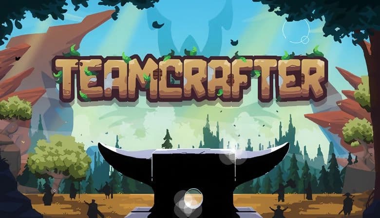 Teamcrafter: Anvil in forest clearing with silhouetted figures and towering trees under a bright sky with scattered clouds.
