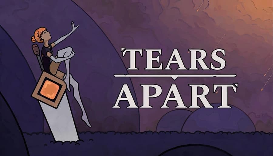 Tears Apart: Woman clings to a giant sword with orange gem, reaching upward against a purple, rocky cavern backdrop.