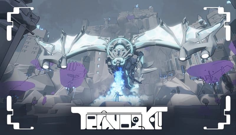 Techno: Futuristic dragon with glowing wings flies over a tech-themed canyon, casting blue light on a lone figure below.