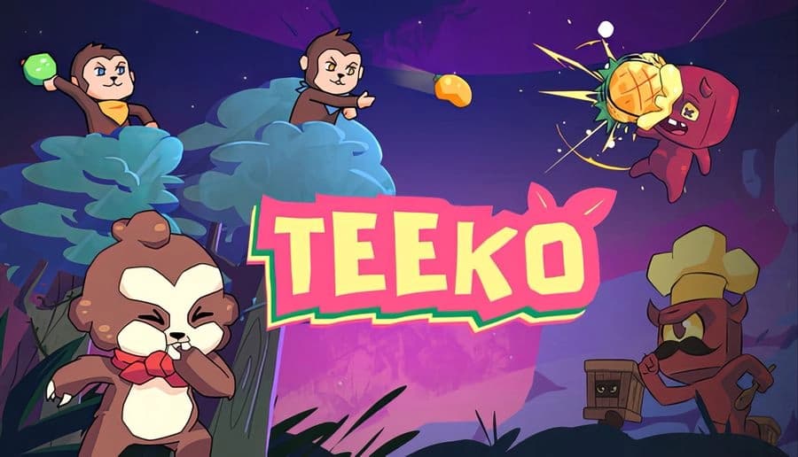 Teeko: sloth hero with red bow faces masked villains throwing fruit and a glowing bomb over stormy jungle clouds.