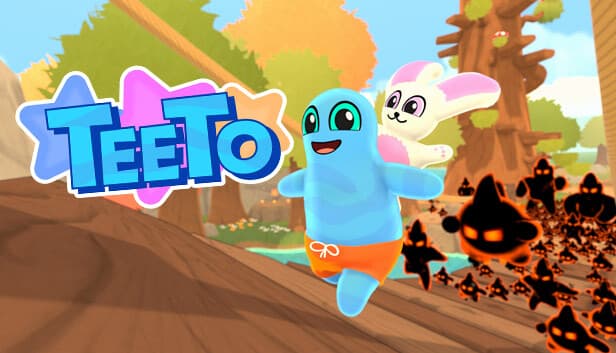 Teeto: Blue creature in orange shorts runs with a white bunny on its back, chased by glowing monsters in a colorful setting.