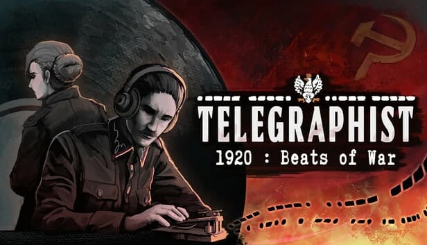 Young male telegraphist in military attire operates a telegraph; woman stands behind him, red backdrop with soviet symbol.