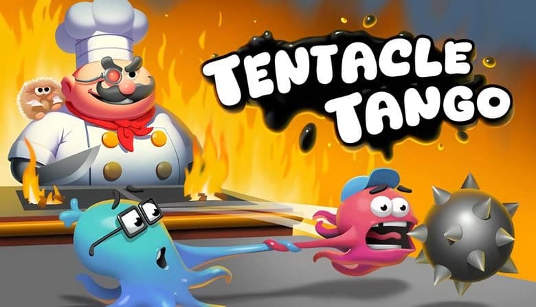 Tentacle Tango: Two cartoon squids, one pink, one blue, flee a large chef holding knives in a fiery kitchen setting.