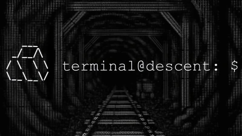 Terminal Descent: ASCII mine tunnel with tracks, surrounded by digital patterns, suggesting an underground setting.