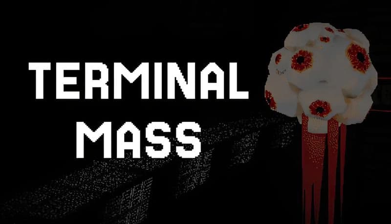 Terminal Mass: Floating white orb with red eyes drips tendrils in dark, industrial setting with pixelated textures.