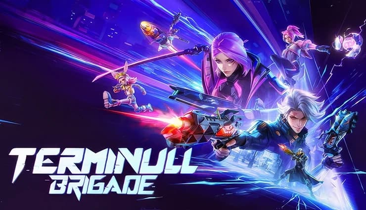Purple-haired woman with katana and silver-haired man holding a futuristic pistol charge in a vivid cyberpunk scene.