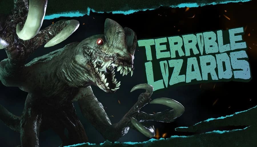 Terrible Lizards: snarling reptilian monster with glowing red eyes lunges through torn metal in dark shadows.