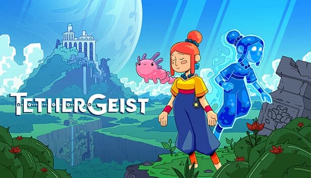 Young girl with red hair stands alongside her glowing astral projection and a floating pink axolotl. Lush landscape behind.