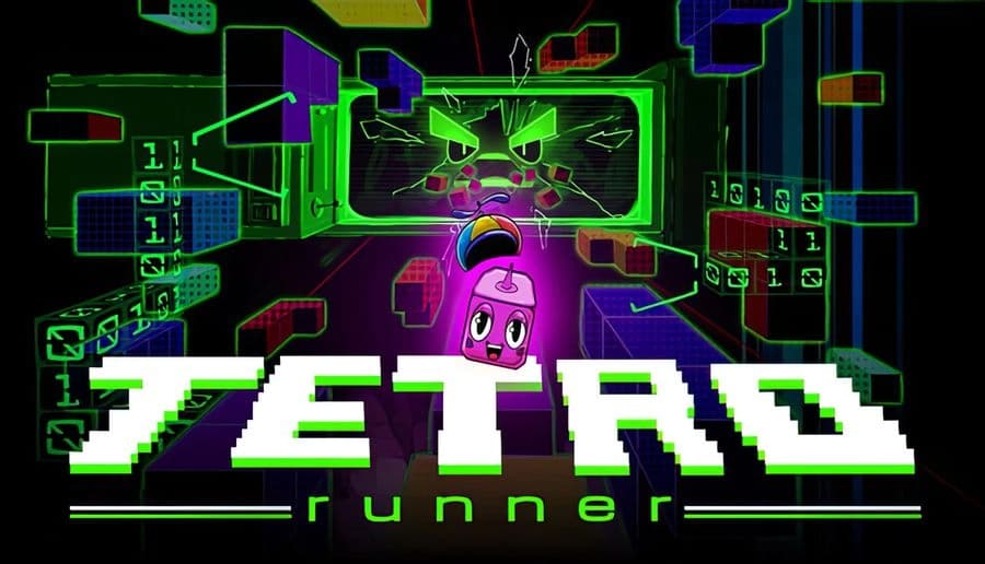 Tetro Runner: Sentient block character jumps through glowing obstacles with green circuits in neon arcade environment.