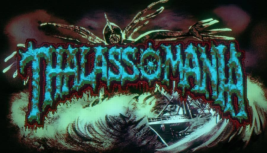 Thalassomania: Glowing ghostly octopus spreads tentacles over a fishing trawler in churning dark sea at night.