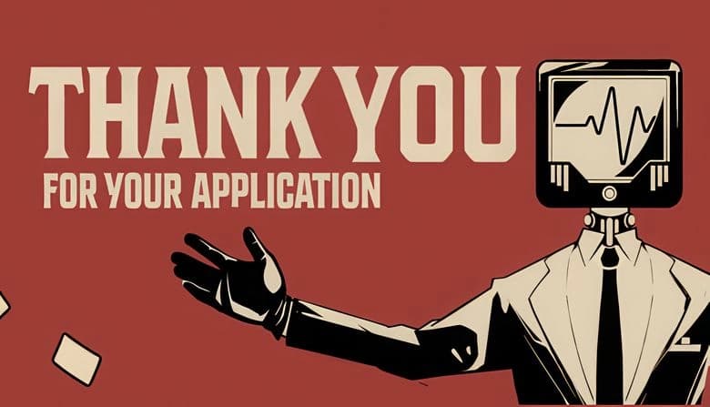 Retro-style robot in a suit with a monitor head displaying an electrocardiogram line, extends arm as papers fly nearby.