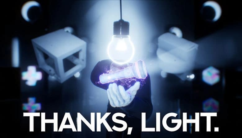 THANKS, LIGHT.: Gloved figure with lightbulb head holds glowing flashlight; geometric shapes float in dark, abstract space.