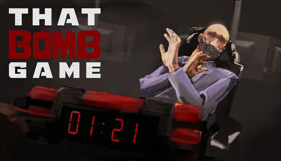 THAT BOMB GAME: terrified man with hands raised beside a ticking red bomb pack, dark industrial room backdrop.