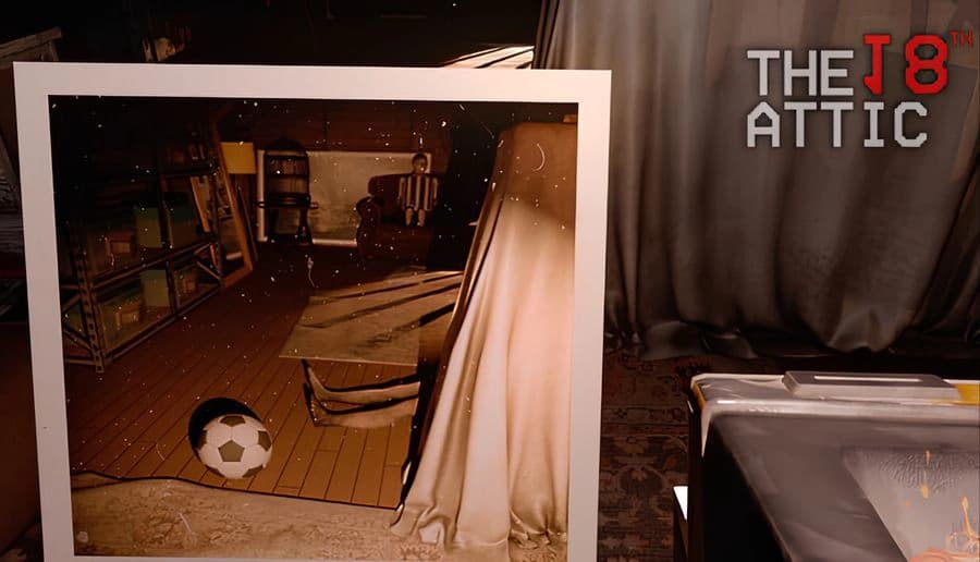 The 18th Attic: Distorted woman in Victorian attire with eerie face beside dark room with broken soccer ball.