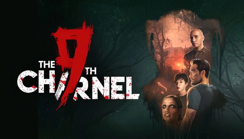 The 9th Charnel: Four people in a dark forest setting with eerie red light glowing from a distant spooky building.