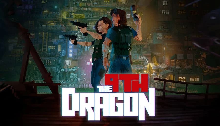 The 9th Dragon: pixel-art man aims a pistol at another man as two men watch in a neon-lit alley at night.