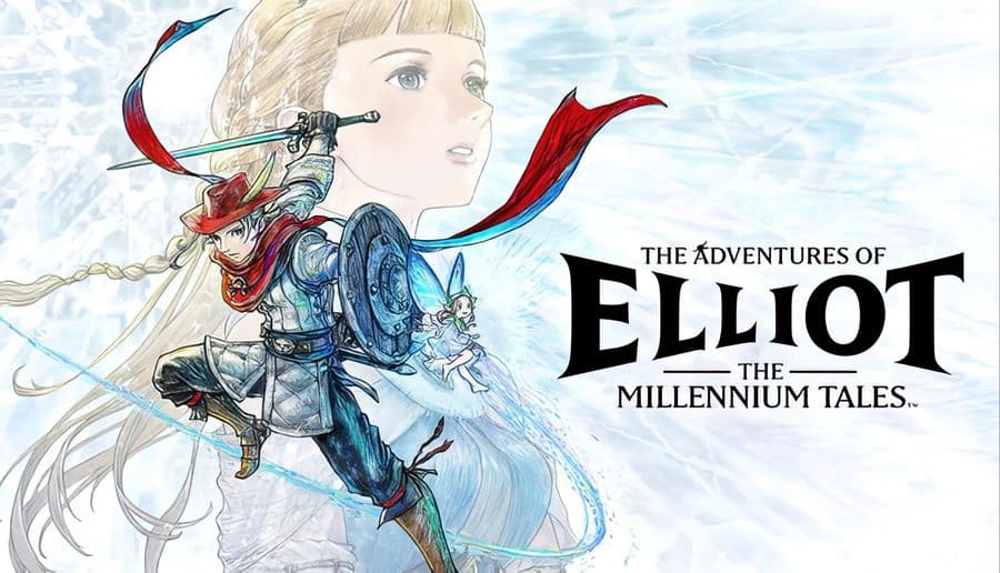 The Adventures of Elliot: young blond girl in blue armor with sword and red scarf in snowy white background.