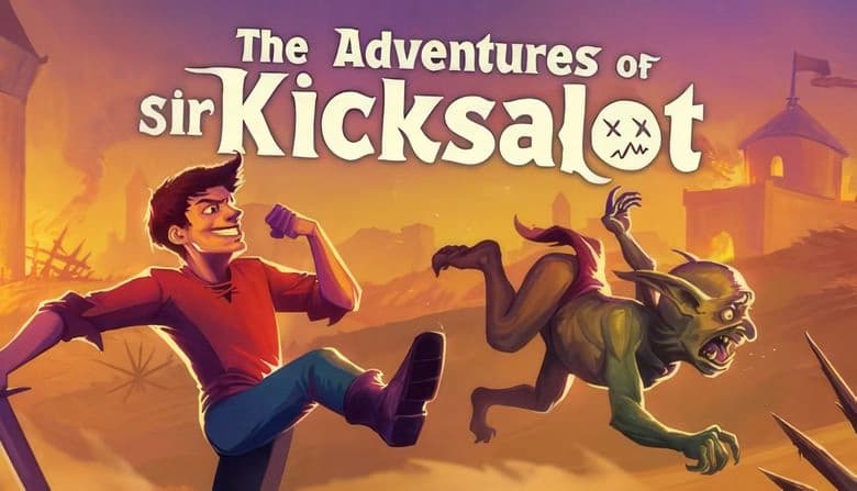 The Adventures of Sir Kicksalot: Hero in red shirt and jeans kicks goblin into spikes in medieval castle at sunset.