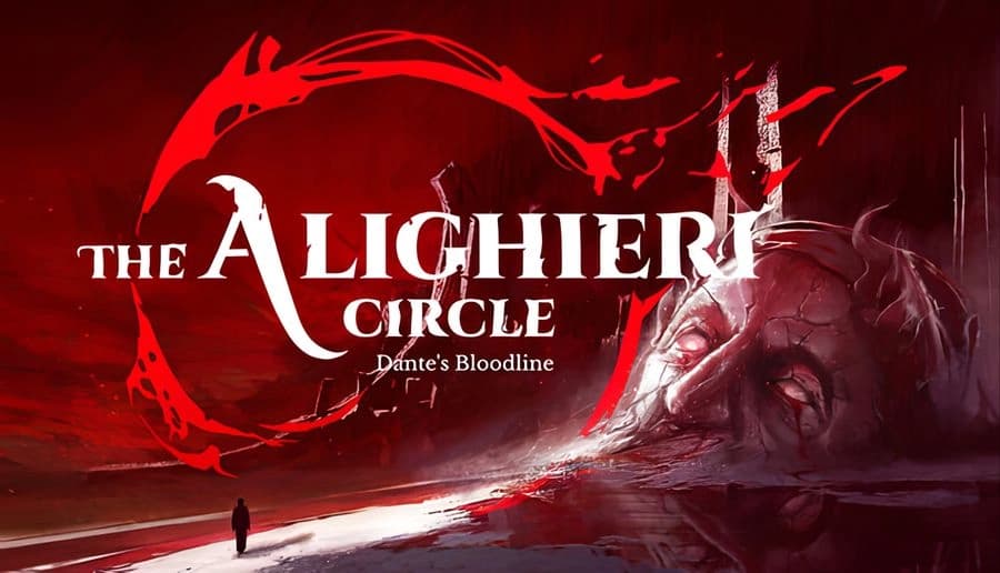 The Alighieri Circle: lone man walks toward a giant stone face carved in a snowy red landscape under swirling sky.