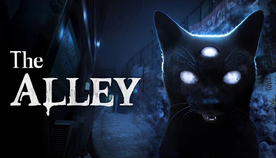 The Alley: black cat face with glowing eyes and bared teeth in dark blue alleyway with fog and walls.