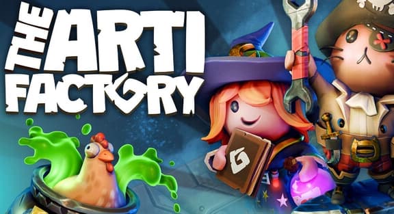 The Artifactory: A young witch with spellbook stands beside a cauldron with chicken and pirate cat holding wrench nearby.