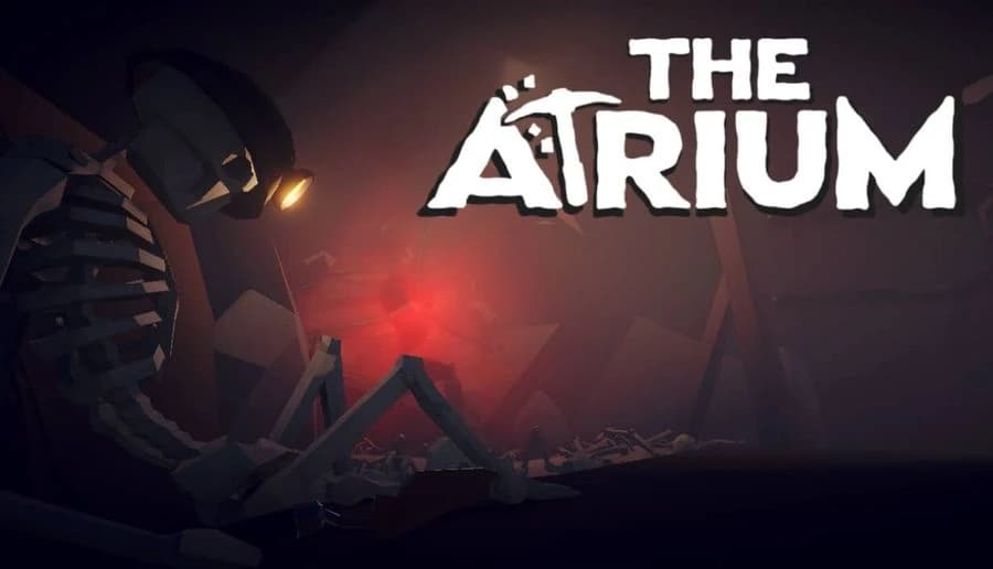 The Atrium: Giant spider with glowing eyes looms over red-lit mine tunnel with pickaxe and scattered rocks.