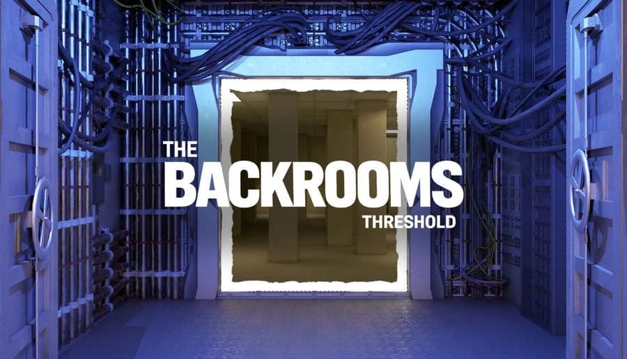 The Backrooms: open steel vault doorway with torn-edged portal frame glowing white in an industrial corridor.