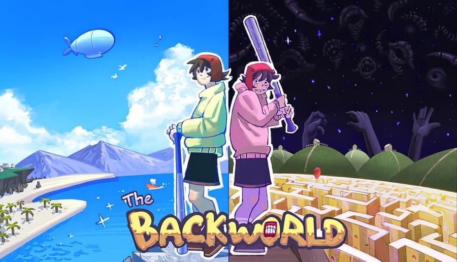 The Backworld: Two young girls with cameras stand back to back between beach mountains and a dark graveyard maze.