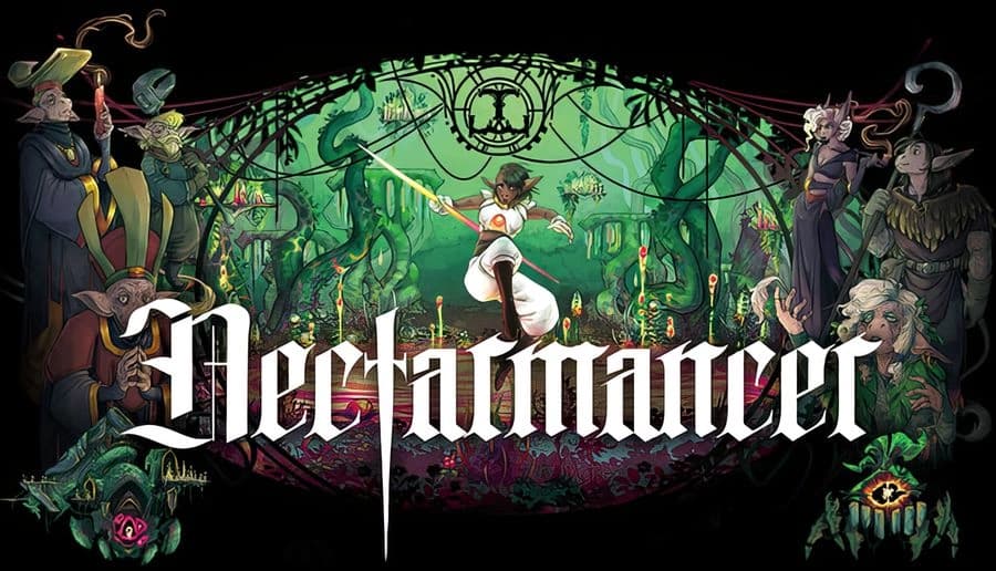 The Beauty Cult’s NECTARMANCER: young girl raises glowing wand in tangled garden gate, witches and monsters around.