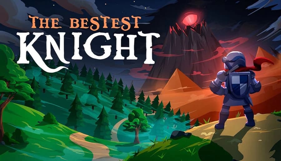 The Bestest Knight: armored knight raises sword toward red-eyed mountain demon over pine forest valley at dusk.