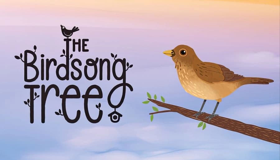 The Birdsong Tree: small brown bird perched on leafy branch beside game title against soft pastel sky gradient.
