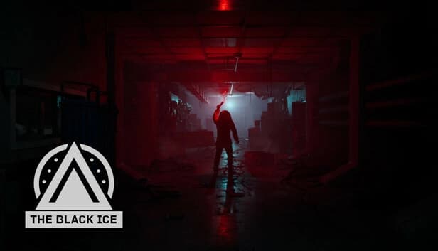 Hooded man holding red flare stands in a dark, eerie hallway, casting light on the surrounding gloom.