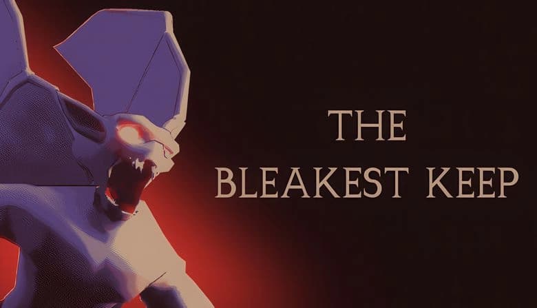 The Bleakest Keep: white gargoyle with glowing red eyes and sharp teeth against dark backdrop, lit by red light below.