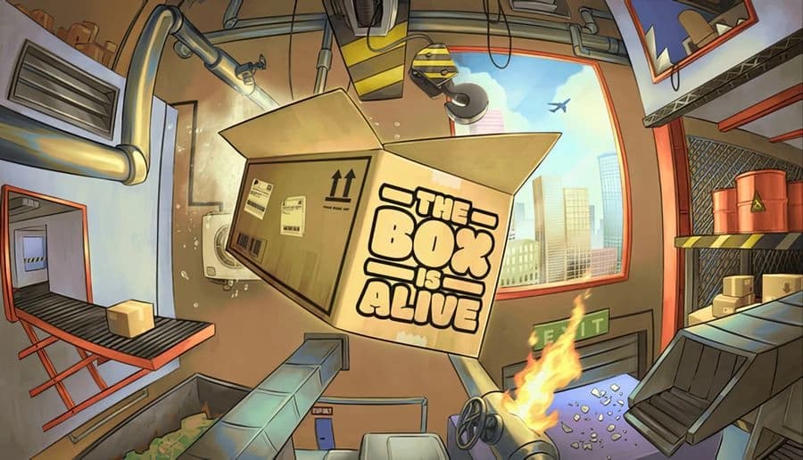 The Box is Alive: Cardboard box with cartoon eyes flaps through chaotic warehouse with conveyor belts and scattered items.