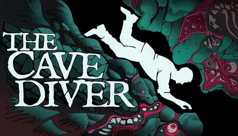 The Cave Diver: White diver silhouette in eerie cave with veins, flesh, and eyes, surrounded by organic, intricate textures.