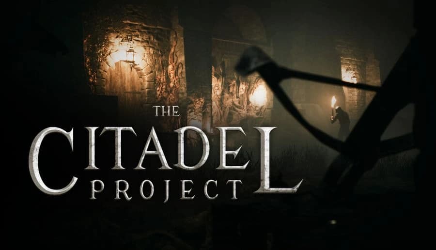 The Citadel Project: Shadowy crossbow held at the right edge facing a torchlit stone corridor with archway.
