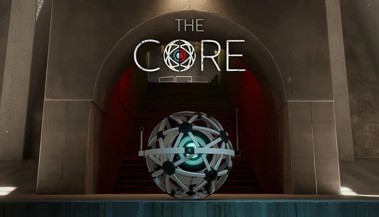 A spherical AI core with a glowing blue center hovers in a dark, arched hallway with a geodesic style, antennas on each side.