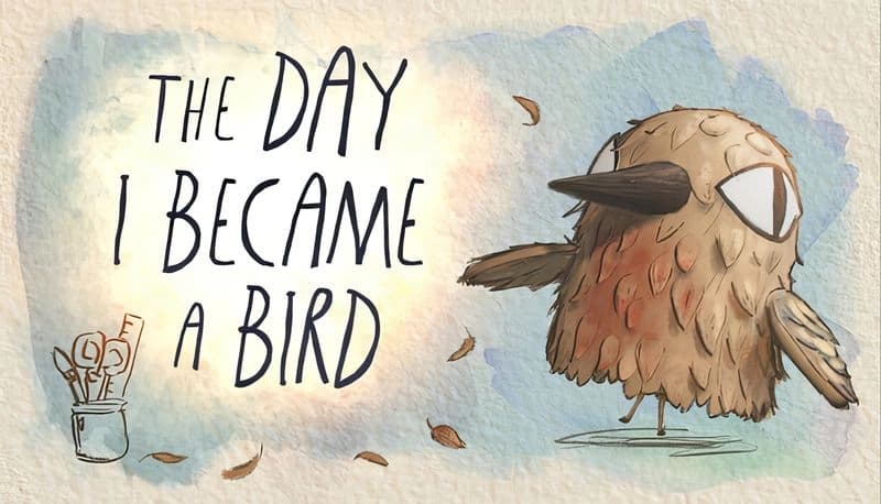The Day I Became A Bird: Cute, fluffy bird with large eyes stands on ground with fall leaves, next to a pencil cup.