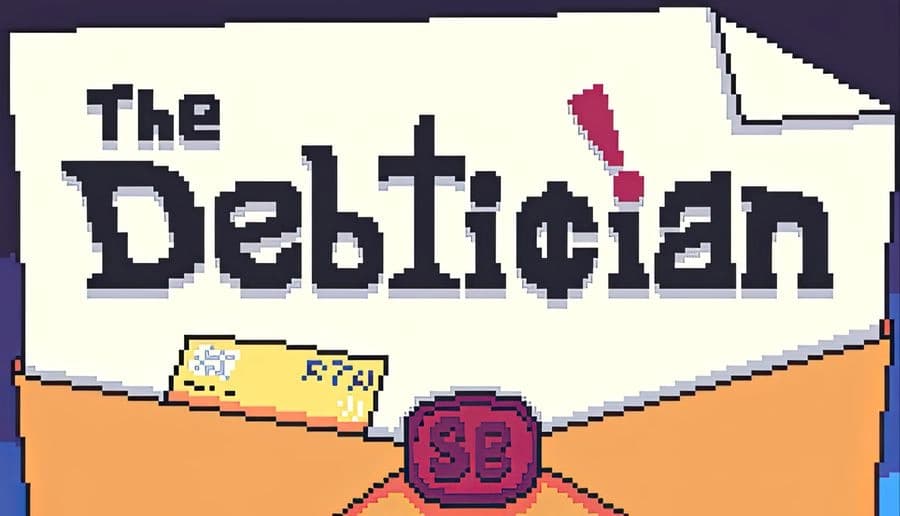 The Debtician: Pixel-art envelope with “SB” wax seal and a credit card, floating over a blue background.