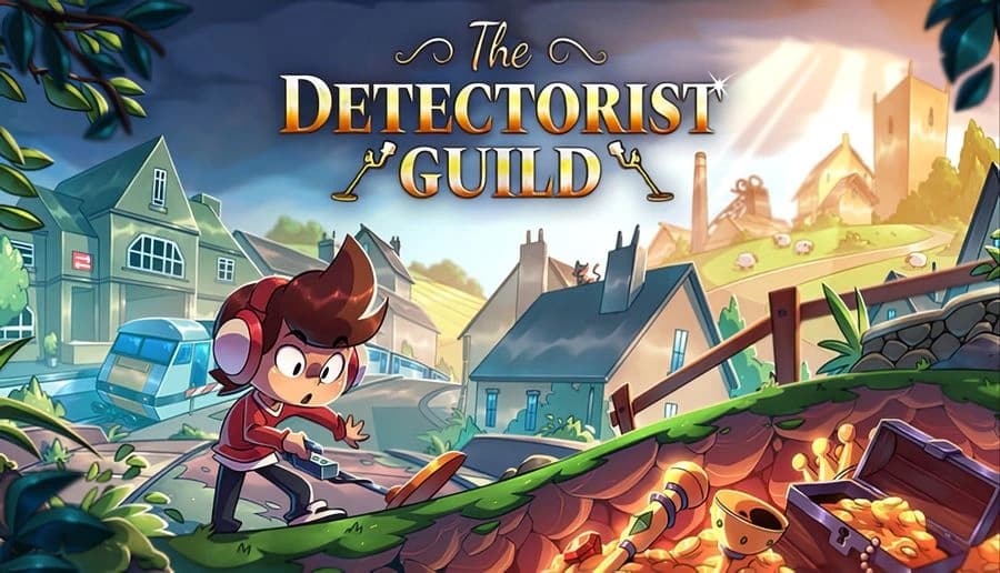The Detectorist Guild: Young boy with headphones uses a metal detector on a hillside above a village street.