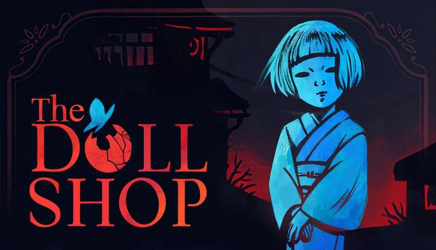 The Doll Shop: blue-tinted young woman in kimono with bob haircut, eyes closed, before shadowy building at night.