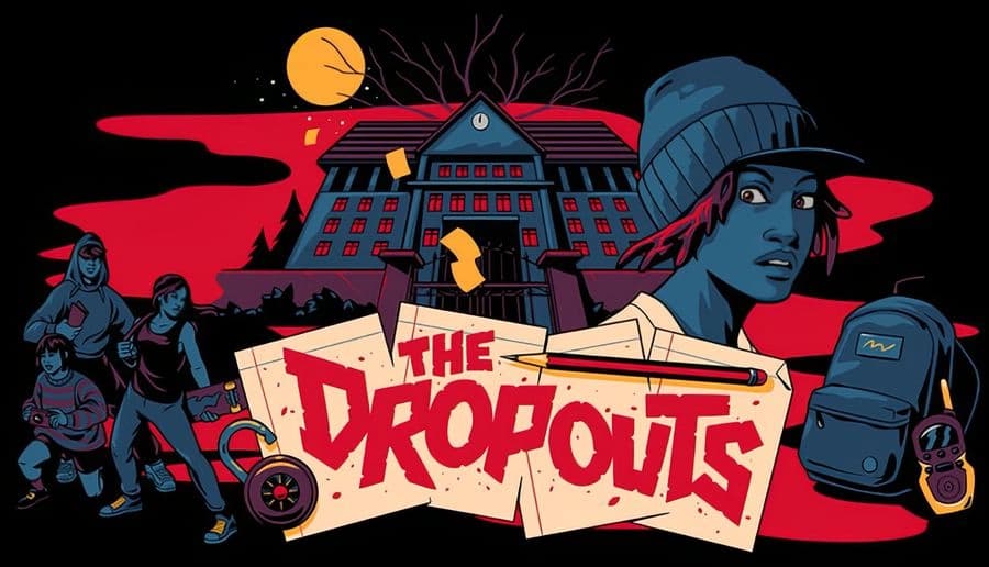 The Dropouts: teen girl in beanie stares ahead beside students and a dark school under a red moonlit sky.