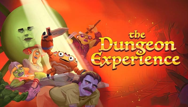 The Dungeon Experience: Colorful cartoon adventurers and quirky monsters clash in a chaotic dungeon adventure scene.